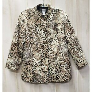 Chicos Jacket, Animal Print, Long Sleeve, Pockets, Sz 2 Large, Brown Lined